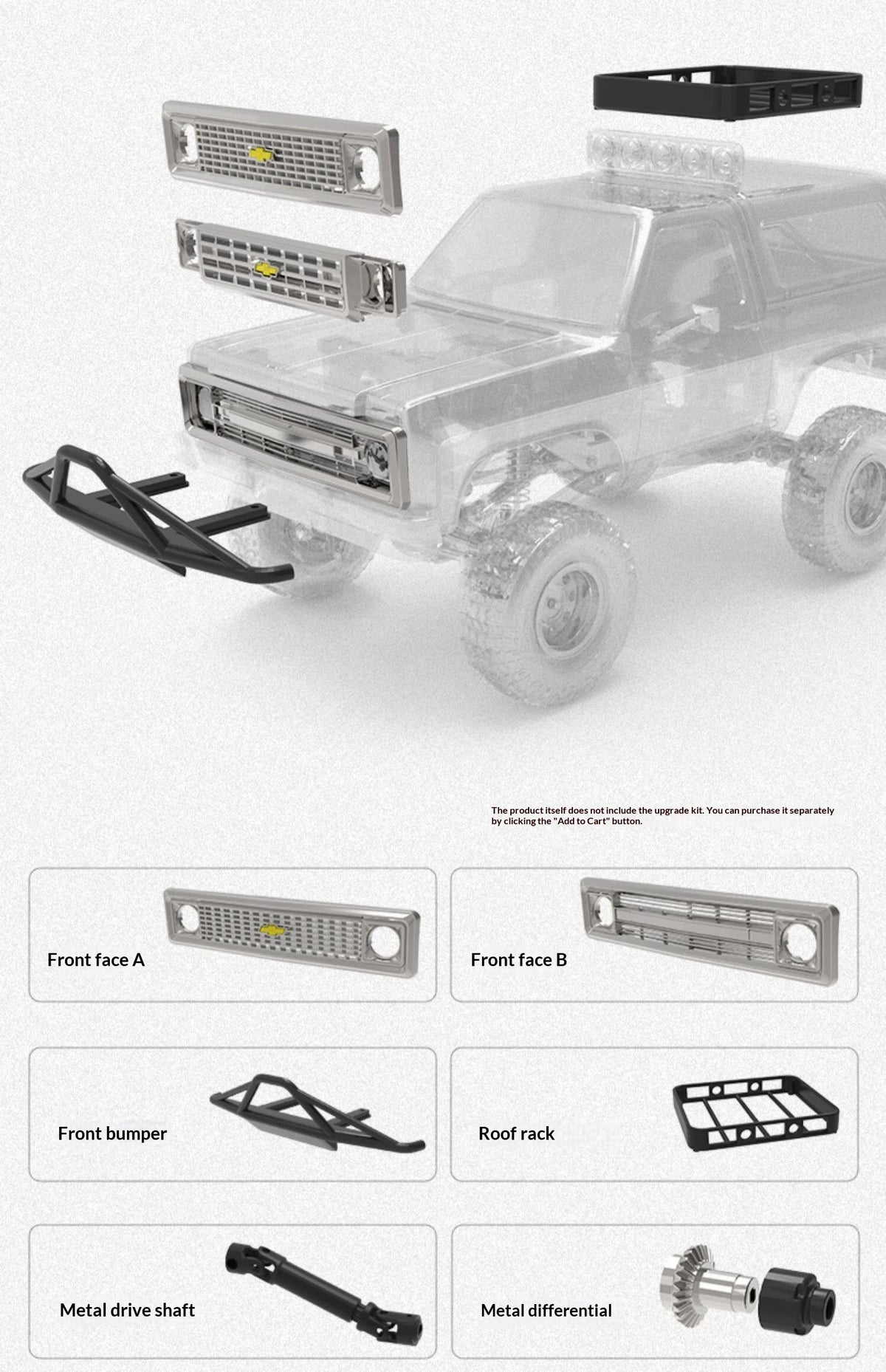 A clear plastic 1:24 scale Chevrolet K5 Blazer RC crawler with various aftermarket accessories like front faces, a bumper, ro