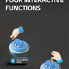 A blue mini bus toy with interactive functions is shown, demonstrating following and escape modes.