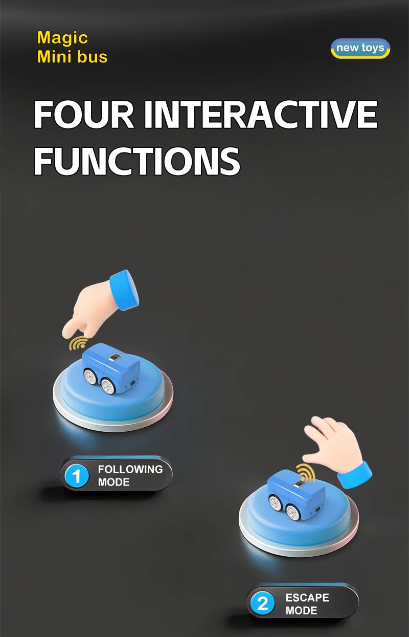A blue mini bus toy with interactive functions is shown, demonstrating following and escape modes.