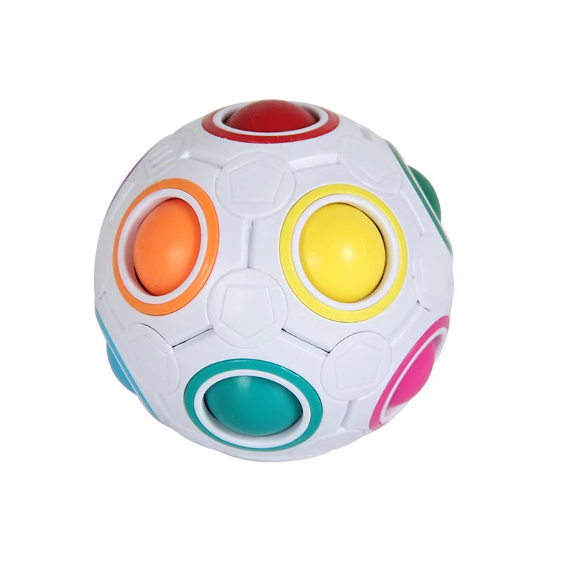 A white cube fidget toy with colorful, spherical inserts in red, orange, yellow, and green.