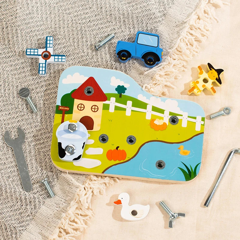 Farm Animal Wooden Screw Puzzle Toy Set with Child-Safe Tools