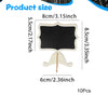A set of ten mini wooden chalkboard signs with easels for decor, measuring 8cm by 5.5cm.