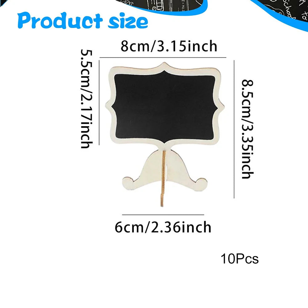 A set of ten mini wooden chalkboard signs with easels for decor, measuring 8cm by 5.5cm.