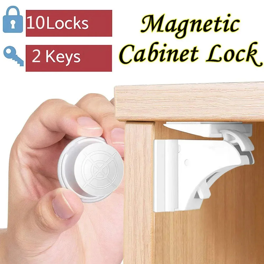 A hand is shown installing a magnetic cabinet lock onto a wooden cabinet drawer using two keys.