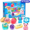 A box of Squishy Fun Box containing various pink, purple, and blue squishy toys including strawberries, ice cubes, and a pink
