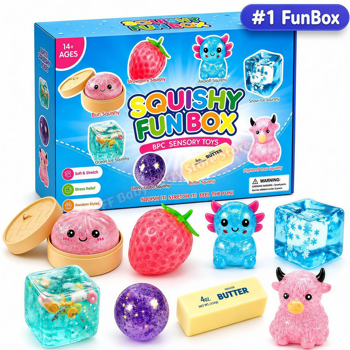A box of Squishy Fun Box containing various pink, purple, and blue squishy toys including strawberries, ice cubes, and a pink
