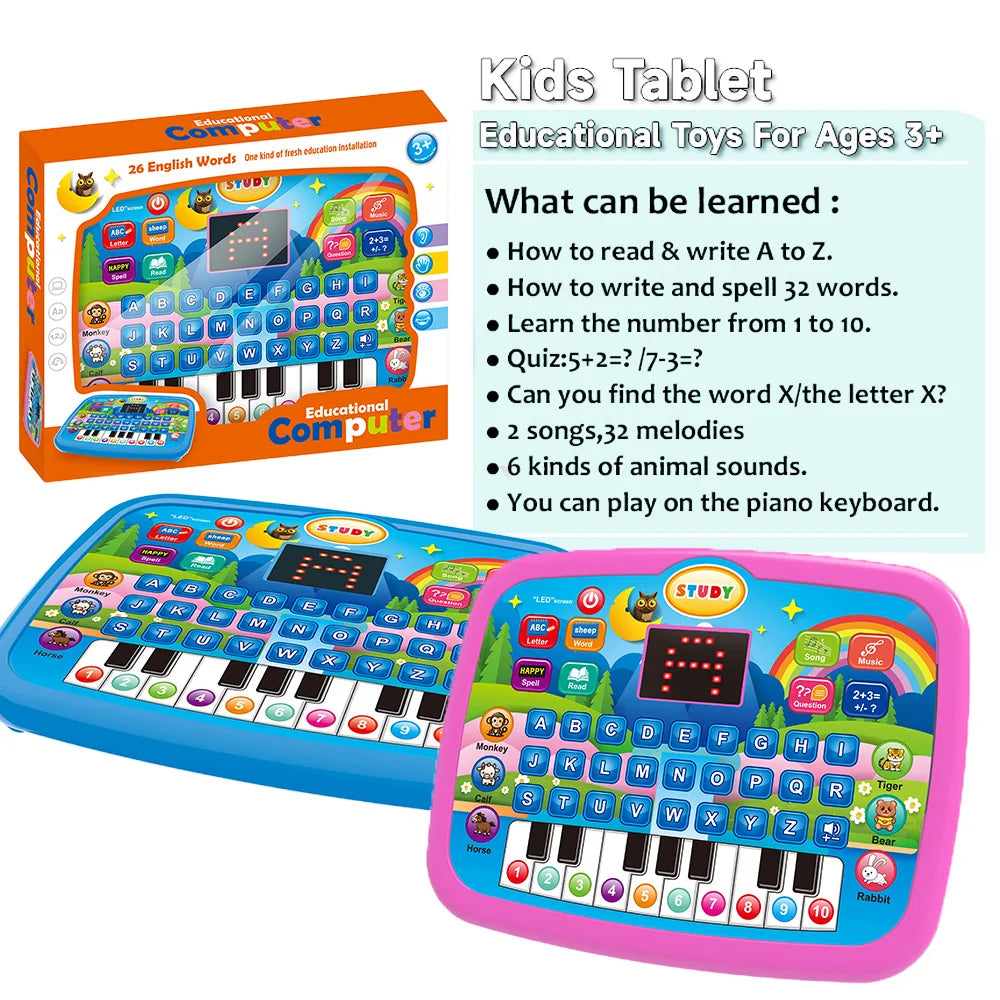 Tablette éducative rose avec clavier de piano et activités d'apprentissage, à côté de sa boîte.