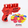 A red soft foam flying disc launcher toy with 30 yellow and pink bullets.