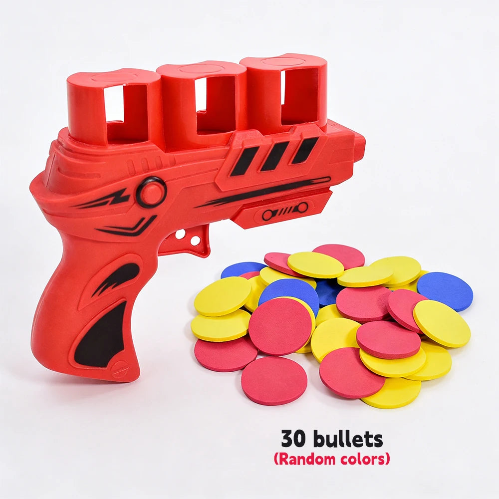 A red soft foam flying disc launcher toy with 30 yellow and pink bullets.