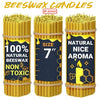 Three packs of natural beeswax taper candles in yellow and gold packaging.