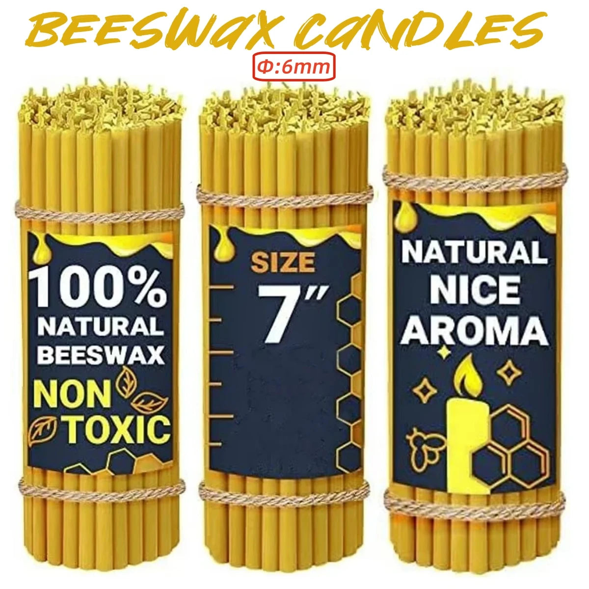Three packs of natural beeswax taper candles in yellow and gold packaging.