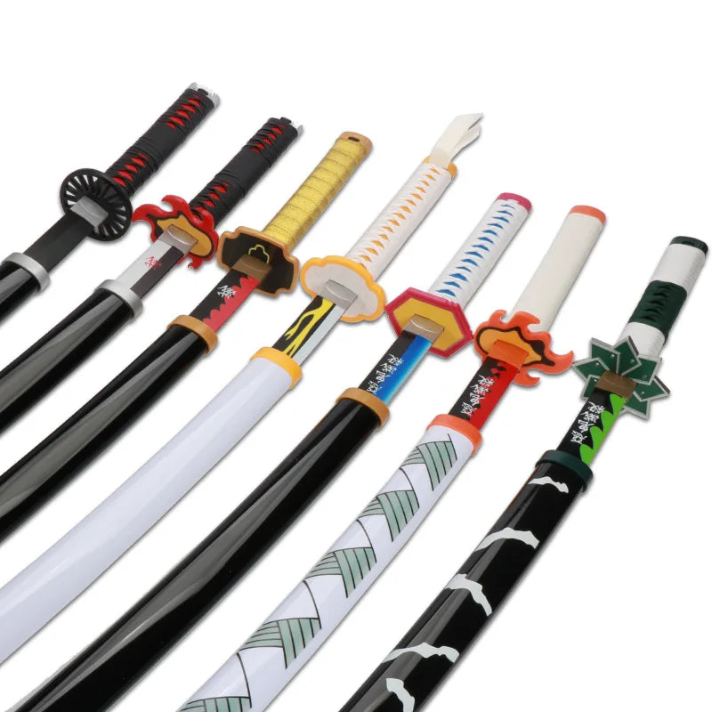 A collection of Demon Slayer Tanjiro Katana replicas featuring various colored hilts and blades.