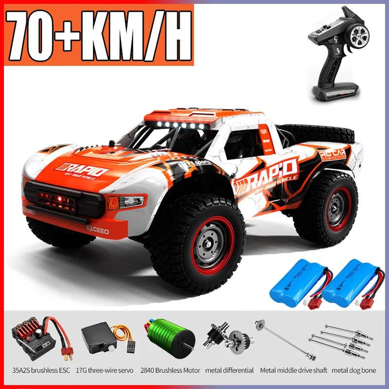 An orange and white 1/10 scale radio controlled monster truck is shown with a speedometer indicating over 70 km/h.