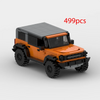 A model of an orange and black classic SUV or jeep built from 499 Lego pieces.