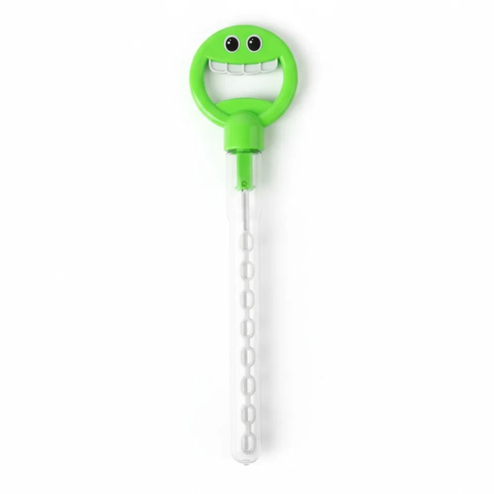 A bright green bubble wand with a smiling face design and a clear stick.