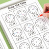A page from a workbook showing various analog clocks for children to practice drawing hands and matching time.