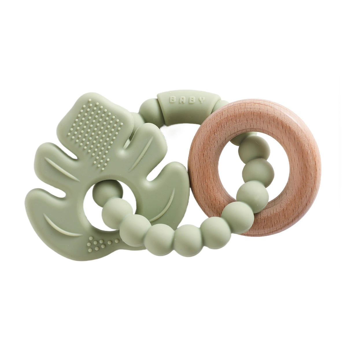 A light green silicone planet teether with a wooden ring and a beaded chain for babies.
