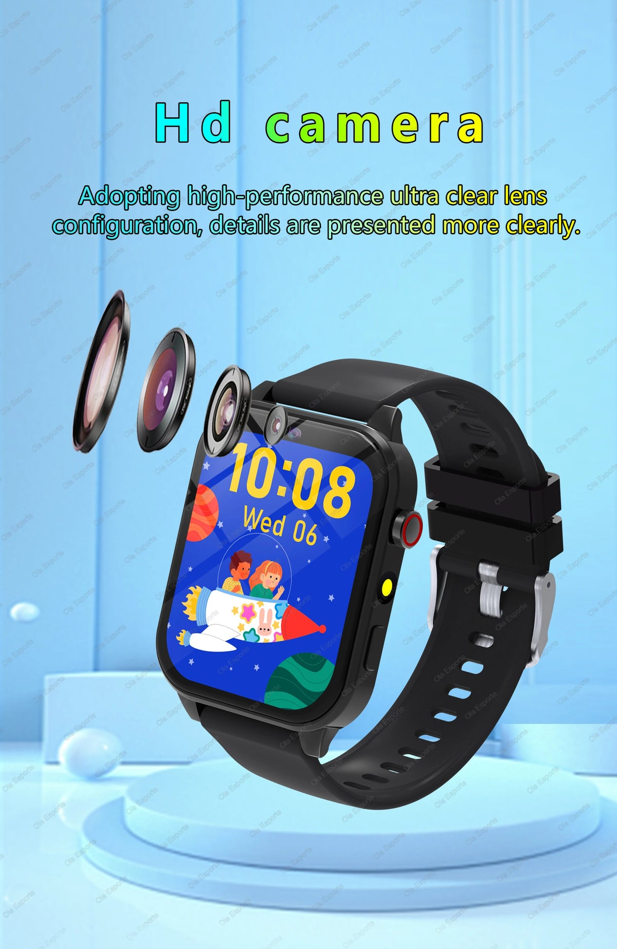 A black smart watch is shown with a clear lens camera, displaying the time 10:08 on a light blue background.