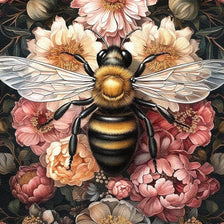 A detailed diamond painting featuring a bee surrounded by various pink and peach flowers.