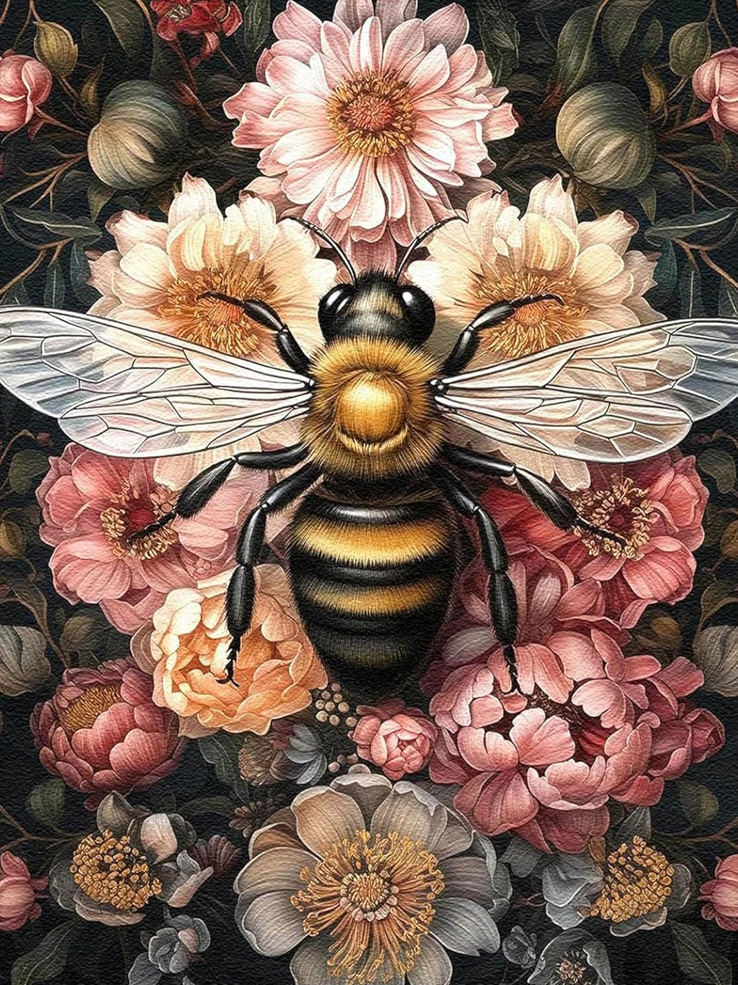 A detailed diamond painting featuring a bee surrounded by various pink and peach flowers.