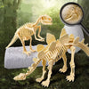 A yellow dinosaur skeleton model is displayed next to a magnifying glass on a green, natural background.