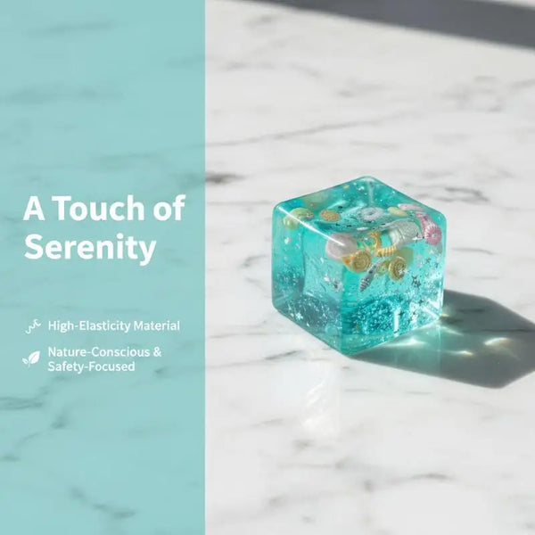 A clear blue gemstone with iridescent inclusions resting on a white marble surface.