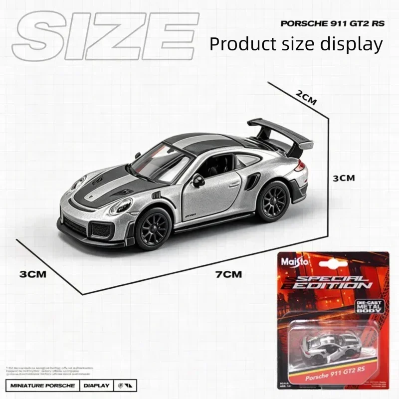 A scale model of a Porsche 911 GT2 RS in silver and grey is displayed with various size measurements.