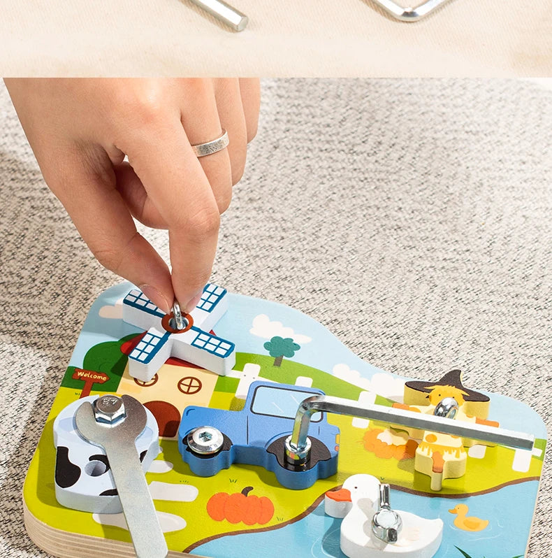 Farm Animal Wooden Screw Puzzle Toy Set with Child-Safe Tools