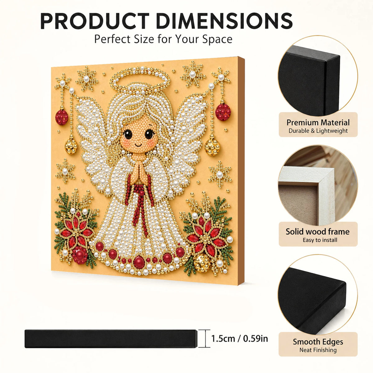 Framed angel art piece featuring a golden crown and wings made of pearls and beads on a wooden canvas