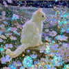 A white cat stands amidst a field of sparkling purple and blue flowers under a colorful sunset sky.