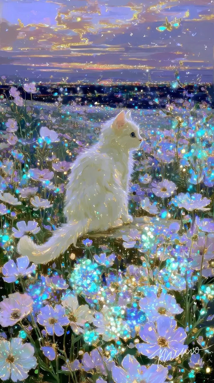 A white cat stands amidst a field of sparkling purple and blue flowers under a colorful sunset sky.