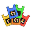 A set of five brightly colored sticky dodgeball vests for kids in blue, green, yellow, and red.