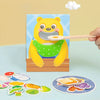 A yellow wooden bear toy is shown feeding food onto a plate, demonstrating fine motor skills for toddlers.