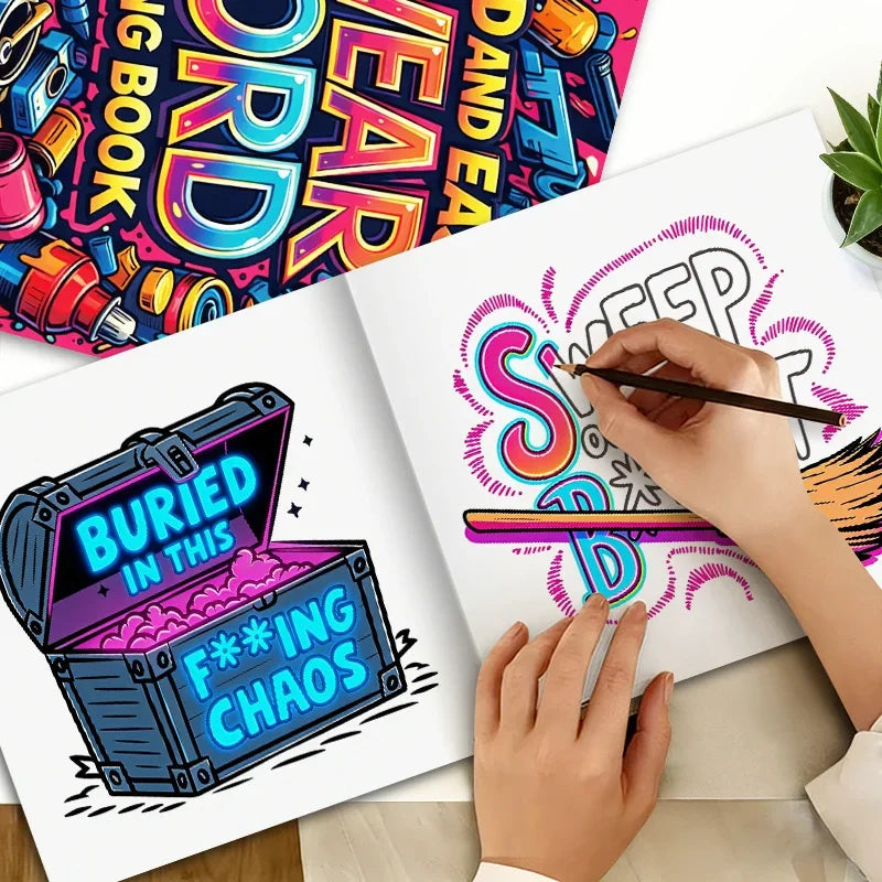 A hand is drawing on a coloring page featuring bold lettering and colorful patterns from an adult graffiti coloring book.