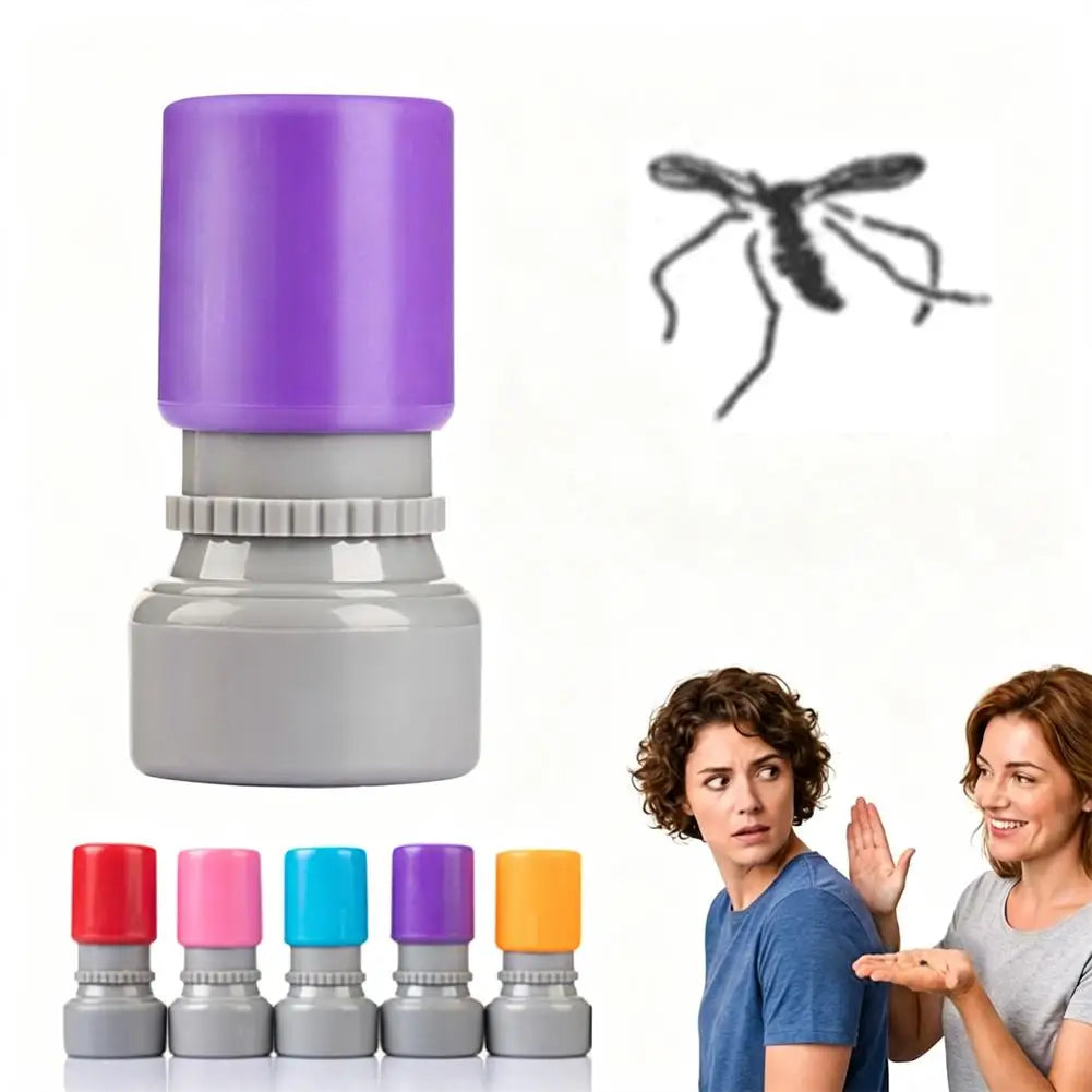 A set of realistic mosquito prank stamps in various colors and sizes displayed next to people.