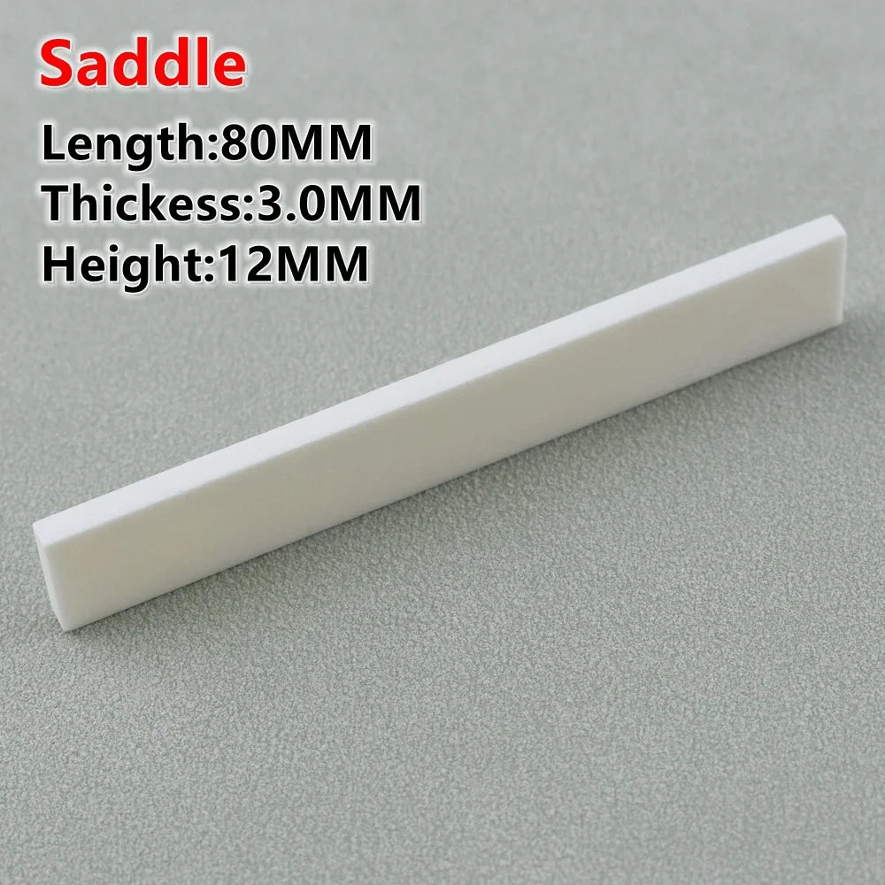 A white guitar bridge saddle with dimensions listed: Length 80mm, Thickness 3.0mm, and Height 12mm.
