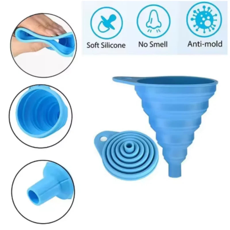 A set of blue collapsible silicone funnels shown with various angles and features like soft silicone, no smell, and anti-mold