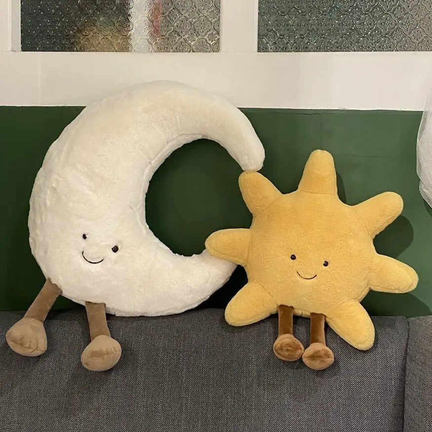 A plushie set featuring a white crescent moon and a yellow star, designed for a cushion or decorative item.