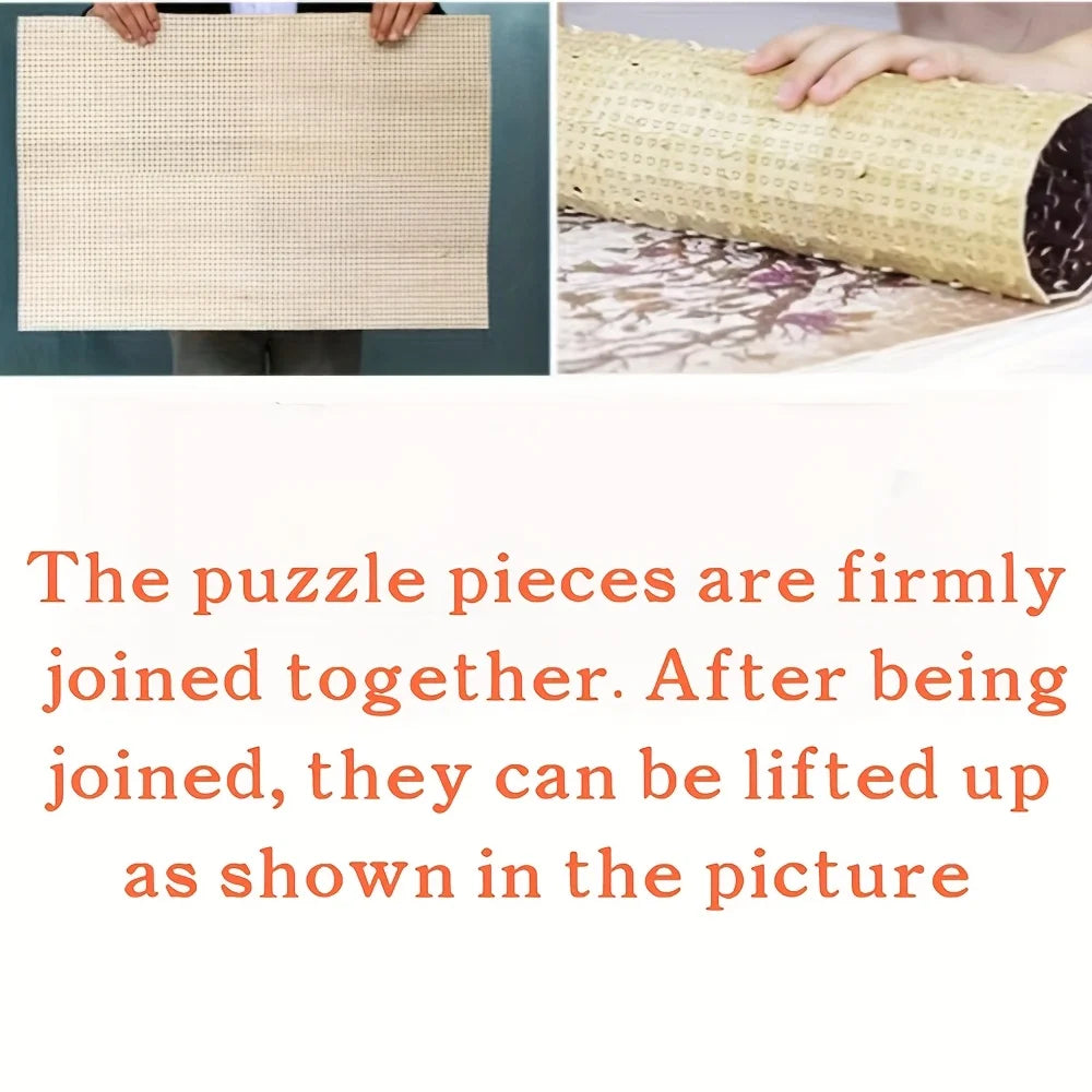 A hand holds a completed puzzle of a scenic Dutch village, showing the joined pieces.