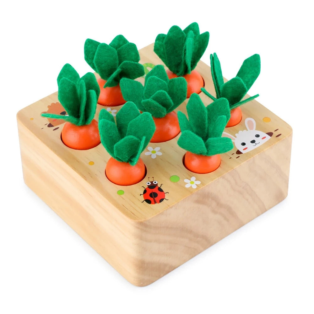 A wooden geometry puzzle set featuring green plant shapes and orange spheres for toddlers.