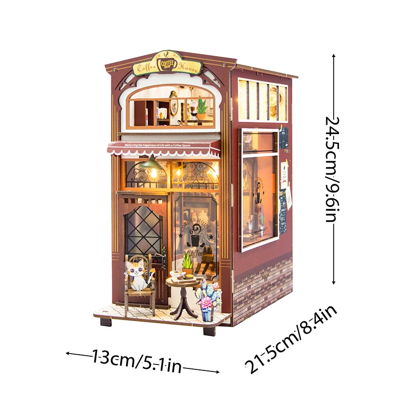 A wooden miniature bookshelf book nook kit featuring a cafe theme with built-in LED lights and display shelves.