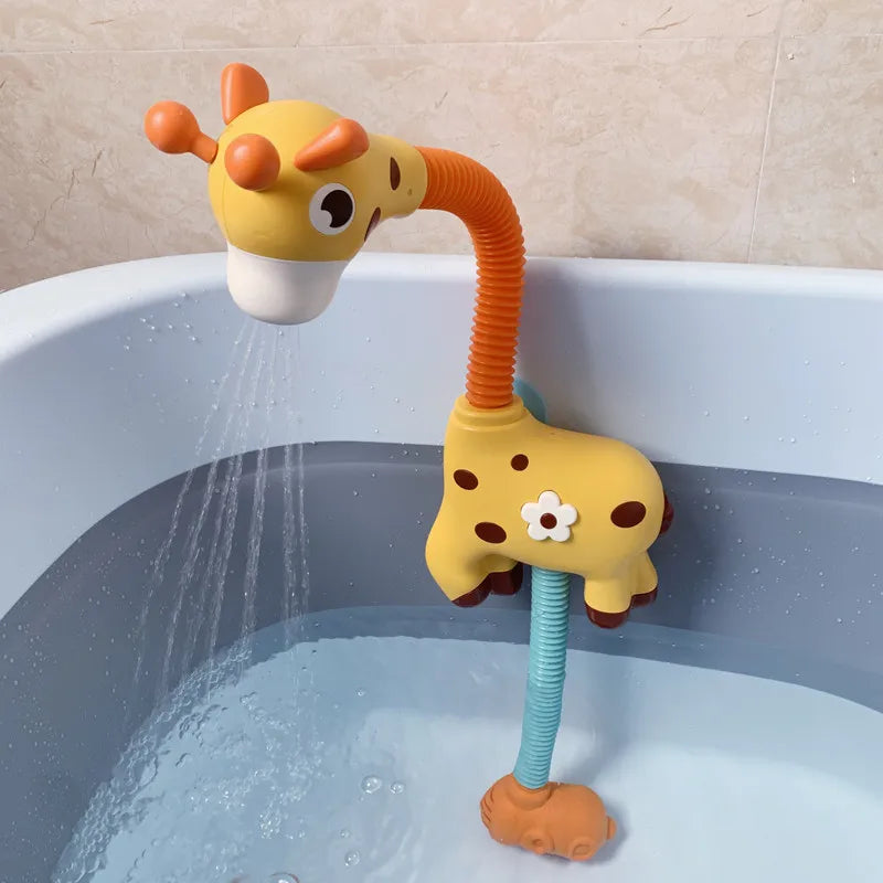 A yellow duck bath toy set with an orange sliding track pouring water into a blue bathtub.