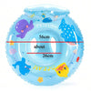 A clear blue inflatable baby swim ring with a seat, featuring text and colorful designs.