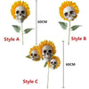 Three styles of skull sunflower garden decoration stakes labeled A, B, and C