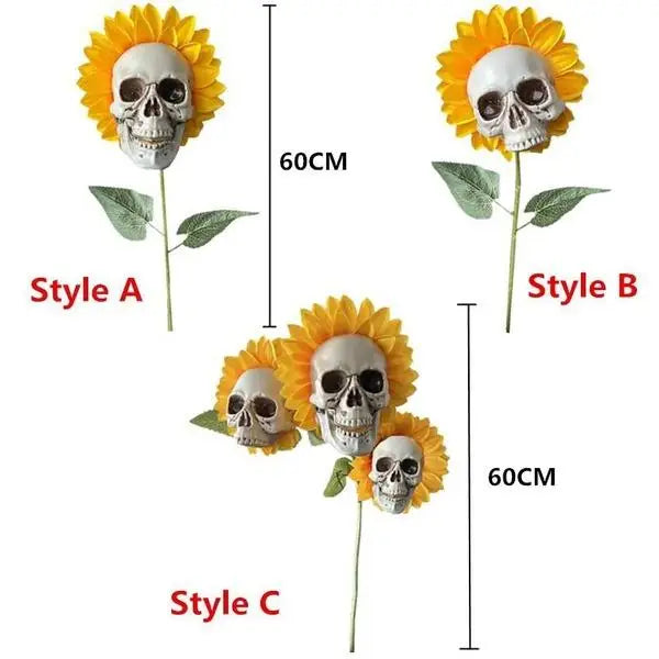 Three styles of skull sunflower garden decoration stakes labeled A, B, and C