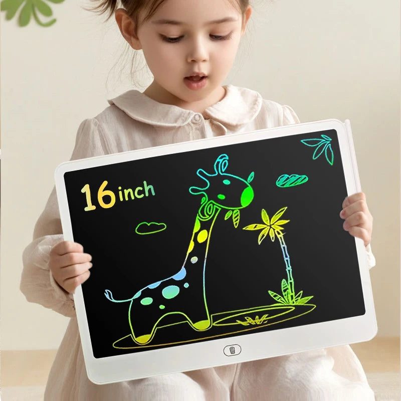 A young girl holds a 16 inch reusable LCD writing tablet displaying a green giraffe doodle on a black screen.