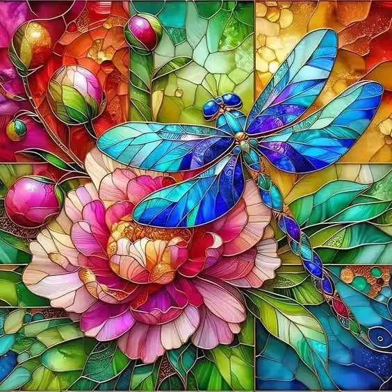 A vibrant diamond painting featuring a detailed sunflower with pink and purple petals set against a colorful, mosaic backgrou