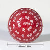 A red 20-sided polyhedral die with numbers marked on its surface, shown from above.