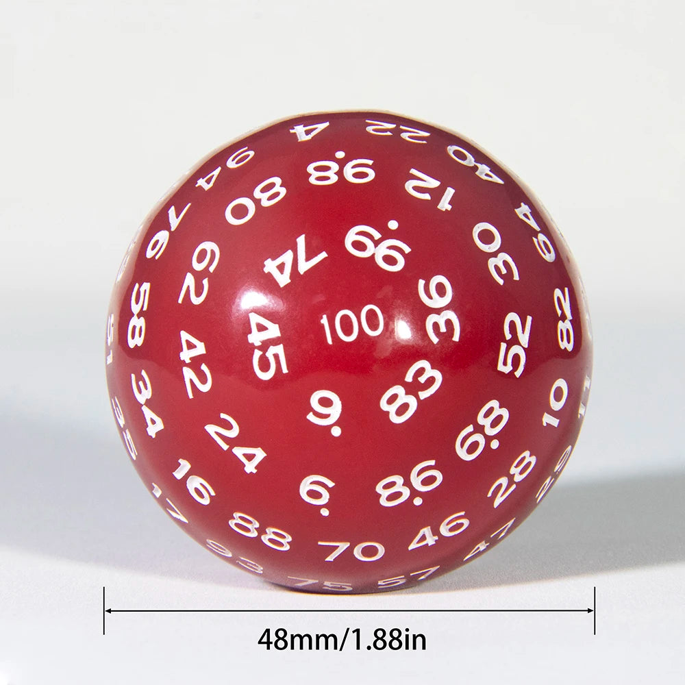 A red 20-sided polyhedral die with numbers marked on its surface, shown from above.