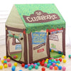 A green and brown foldable kids play tent with a pitched roof and wooden frame is shown.